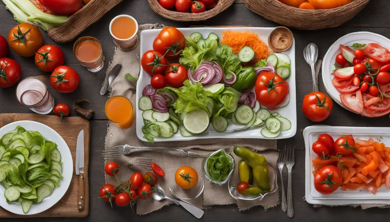 Imagem de uma mesa com prato de salada saudável, talheres e copo de suco de laranja, destacando cuidados com a alimentação.